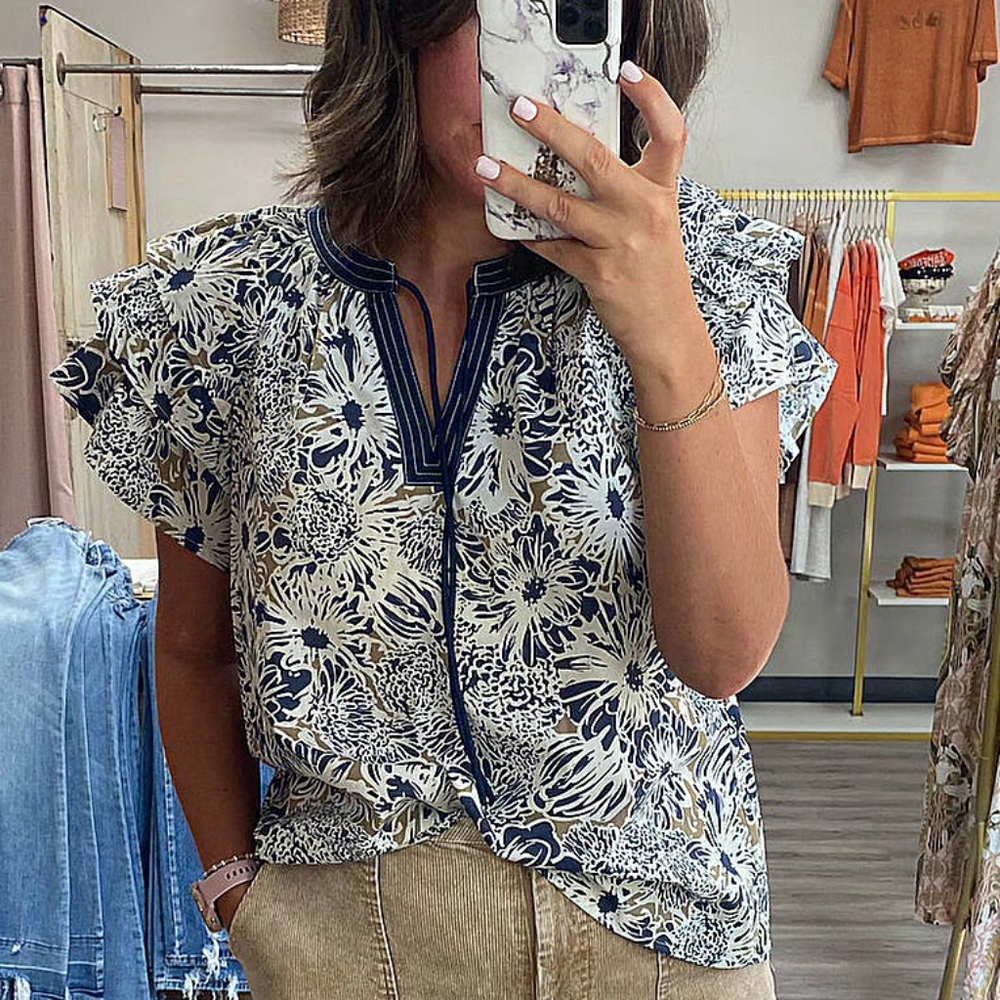 entro Blue and Cream Floral Ruffle Sleeve Top